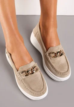 Ciemnobeżowe Mokasyny z Łańcuszkiem na Wysokiej Platformie Iracana