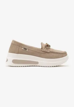 Ciemnobeżowe Mokasyny z Łańcuszkiem na Wysokiej Platformie Iracana