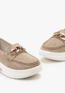 Ciemnobeżowe Mokasyny z Łańcuszkiem na Wysokiej Platformie Iracana