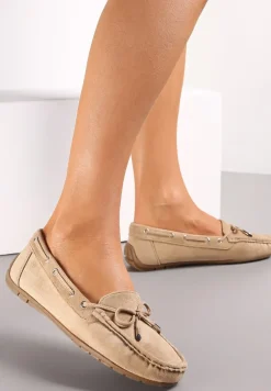 Ciemnobeżowe Mokasyny z Cholewką przed Kostkę z Przeszyciami i Ozdobną Kokardką Yaledia