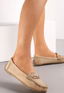 Ciemnobeżowe Mokasyny z Cholewką przed Kostkę z Przeszyciami i Ozdobnym Paskiem Alydora