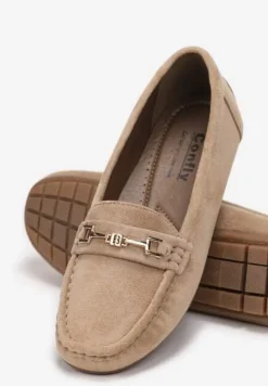 Ciemnobeżowe Mokasyny z Cholewką przed Kostkę z Przeszyciami i Ozdobnym Paskiem Alydora