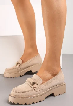 Ciemnobeżowe Mokasyny z Cyrkoniami Wokół Podeszwy i Klamrą Rolanissa