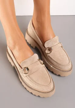 Ciemnobeżowe Mokasyny z Cyrkoniami Wokół Podeszwy i Klamrą Rolanissa