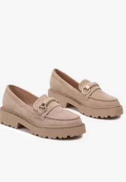 Ciemnobeżowe Mokasyny z Cyrkoniami Wokół Podeszwy i Klamrą Rolanissa