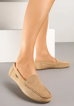 Ciemnobeżowe Mokasyny z Ekozamszu Zdobione Przeszyciami Zeanise