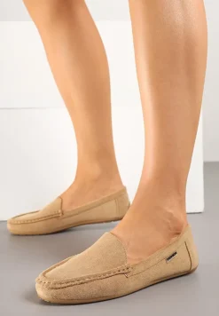 Ciemnobeżowe Mokasyny z Ekozamszu Zdobione Przeszyciami Zeanise