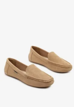 Ciemnobeżowe Mokasyny z Ekozamszu Zdobione Przeszyciami Zeanise