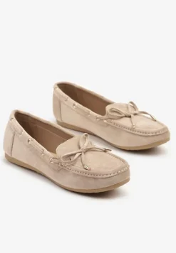 Ciemnobeżowe Mokasyny z Ekozamszu Zdobione Wiązaniem z Kokardą Sonilora