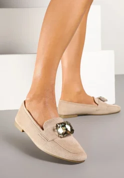 Ciemnobeżowe Mokasyny z Ekozamszu Zdobione Aplikacją z Dużą Cyrkonią Zidanira