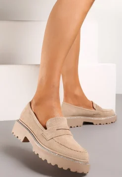 Ciemnobeżowe Mokasyny z Ekozamszu na Jednolitej Grubej Podeszwie Tiora