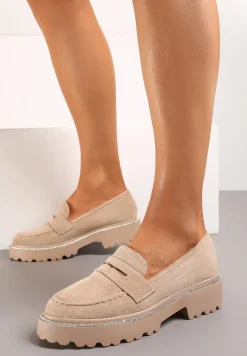 Ciemnobeżowe Mokasyny z Ekozamszu na Jednolitej Grubej Podeszwie Tiora