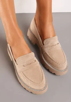 Ciemnobeżowe Mokasyny z Ekozamszu na Jednolitej Grubej Podeszwie Tiora