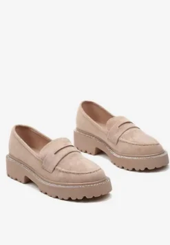 Ciemnobeżowe Mokasyny z Ekozamszu na Jednolitej Grubej Podeszwie Tiora