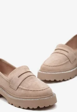 Ciemnobeżowe Mokasyny z Ekozamszu na Jednolitej Grubej Podeszwie Tiora