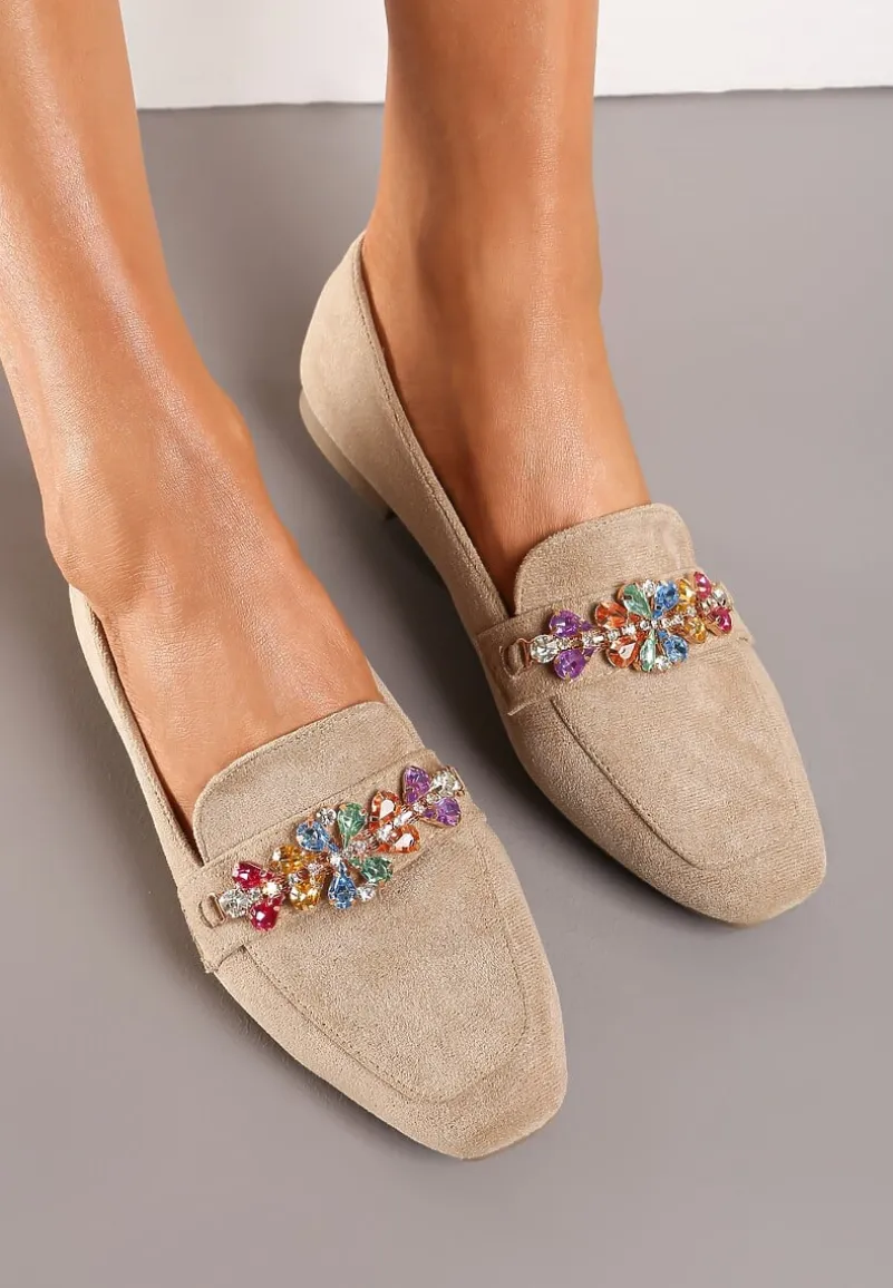 Ciemnobeżowe Mokasyny z Ekozamszu z Klamerką z Cyrkonii i Kryształków Illarae