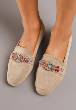Ciemnobeżowe Mokasyny z Ekozamszu z Klamerką z Cyrkonii i Kryształków Illarae