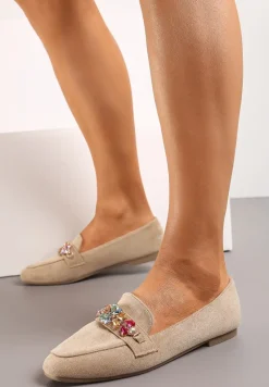 Ciemnobeżowe Mokasyny z Ekozamszu z Klamerką z Cyrkonii i Kryształków Illarae