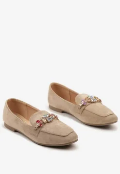 Ciemnobeżowe Mokasyny z Ekozamszu z Klamerką z Cyrkonii i Kryształków Illarae