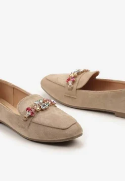 Ciemnobeżowe Mokasyny z Ekozamszu z Klamerką z Cyrkonii i Kryształków Illarae