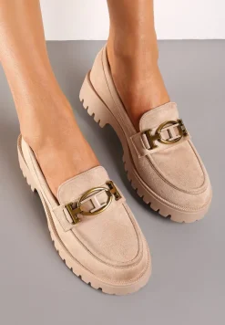 Ciemnobeżowe Mokasyny z Imitacji Zamszu z Geometryczną Klamerką Echonesa