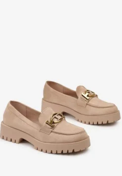 Ciemnobeżowe Mokasyny z Imitacji Zamszu z Geometryczną Klamerką Echonesa
