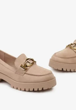 Ciemnobeżowe Mokasyny z Imitacji Zamszu z Geometryczną Klamerką Echonesa