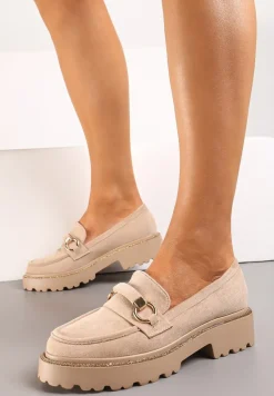 Ciemnobeżowe Mokasyny z Imitacji Zamszu z Cyrkoniami Przy Podeszwie Imule