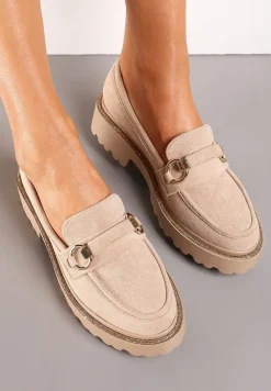 Ciemnobeżowe Mokasyny z Imitacji Zamszu z Cyrkoniami Przy Podeszwie Imule