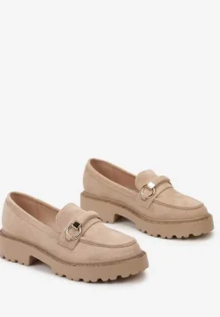 Ciemnobeżowe Mokasyny z Imitacji Zamszu z Cyrkoniami Przy Podeszwie Imule