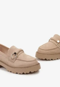 Ciemnobeżowe Mokasyny z Imitacji Zamszu z Cyrkoniami Przy Podeszwie Imule