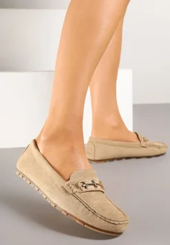Ciemnobeżowe Mokasyny z Imitacji Zamszu z Ozdobną Metaliczną Aplikacją Sovtewi