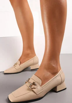 Ciemnobeżowe Mokasyny z Klamerką i Niskim Kwadratowym Obcasem Fansai