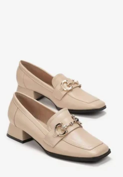 Ciemnobeżowe Mokasyny z Klamerką i Niskim Kwadratowym Obcasem Fansai