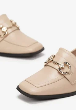 Ciemnobeżowe Mokasyny z Klamerką i Niskim Kwadratowym Obcasem Fansai