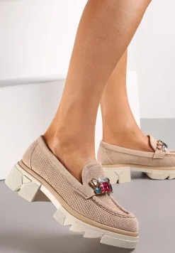 Ciemnobeżowe Mokasyny z Kryształami i Wkładką ze Skóry Naturalnej Zaidy