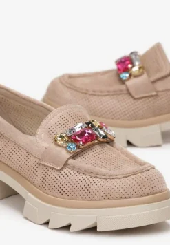 Ciemnobeżowe Mokasyny z Kryształami i Wkładką ze Skóry Naturalnej Zaidy