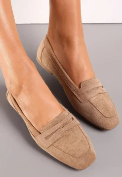 Ciemnobeżowe Mokasyny z Kwadratowym Noskiem z Imitacji Zamszu Lalina