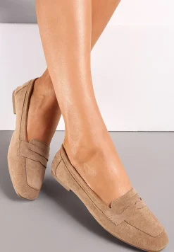 Ciemnobeżowe Mokasyny z Kwadratowym Noskiem z Imitacji Zamszu Lalina