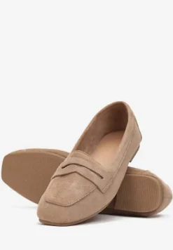 Ciemnobeżowe Mokasyny z Kwadratowym Noskiem z Imitacji Zamszu Lalina