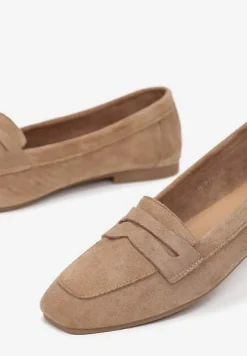 Ciemnobeżowe Mokasyny z Kwadratowym Noskiem z Imitacji Zamszu Lalina