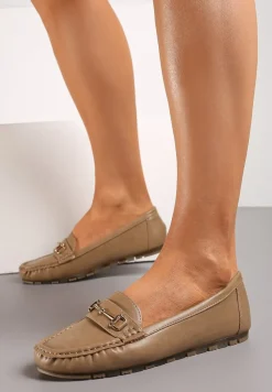 Ciemnobeżowe Mokasyny z Metaliczną Klamerką Heliantha