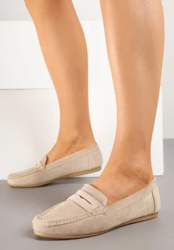 Ciemnobeżowe Mokasyny z Ozdobnymi Przeszyciami Rivgis