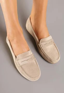 Ciemnobeżowe Mokasyny z Ozdobnymi Przeszyciami Rivgis