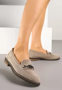 Ciemnobeżowe Mokasyny z Wkładką ze Skóry Naturalnej Zdobione Aplikacją Soralla