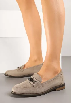 Ciemnobeżowe Mokasyny z Wkładką ze Skóry Naturalnej Zdobione Aplikacją Soralla