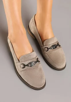 Ciemnobeżowe Mokasyny z Wkładką ze Skóry Naturalnej Zdobione Aplikacją Soralla