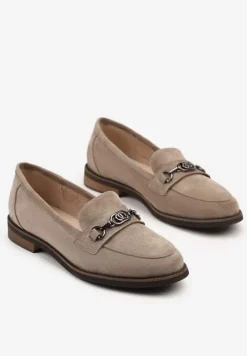 Ciemnobeżowe Mokasyny z Wkładką ze Skóry Naturalnej Zdobione Aplikacją Soralla