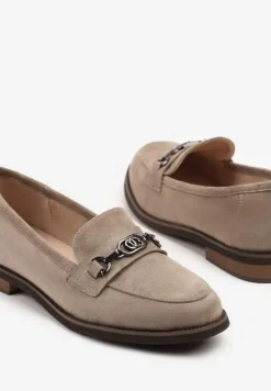 Ciemnobeżowe Mokasyny z Wkładką ze Skóry Naturalnej Zdobione Aplikacją Soralla