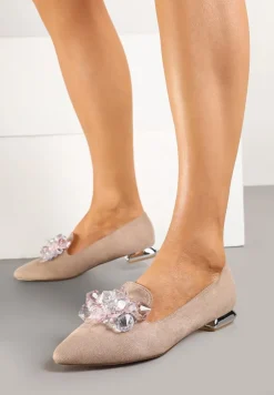 Ciemnobeżowe Mokasyny ze Szpiczastym Noskiem i Kryształkami Ontala